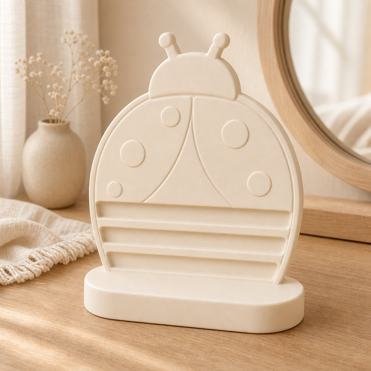 Ladybug Earring and Hair Clip Display, Pastel Vanity Organizer, Cute Desk Decor Gift — Beige color variant