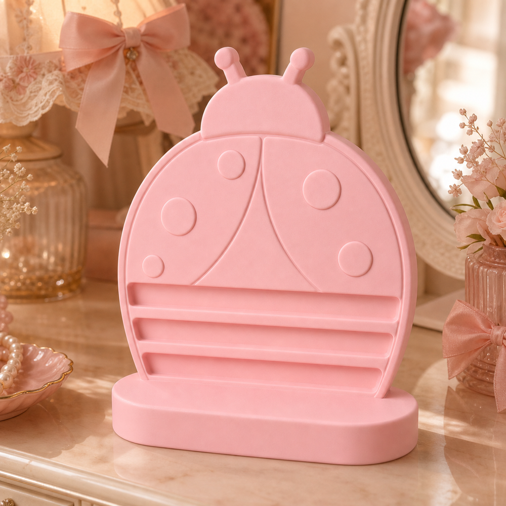 Ladybug Earring and Hair Clip Display, Pastel Vanity Organizer, Cute Desk Decor Gift — Pink color variant