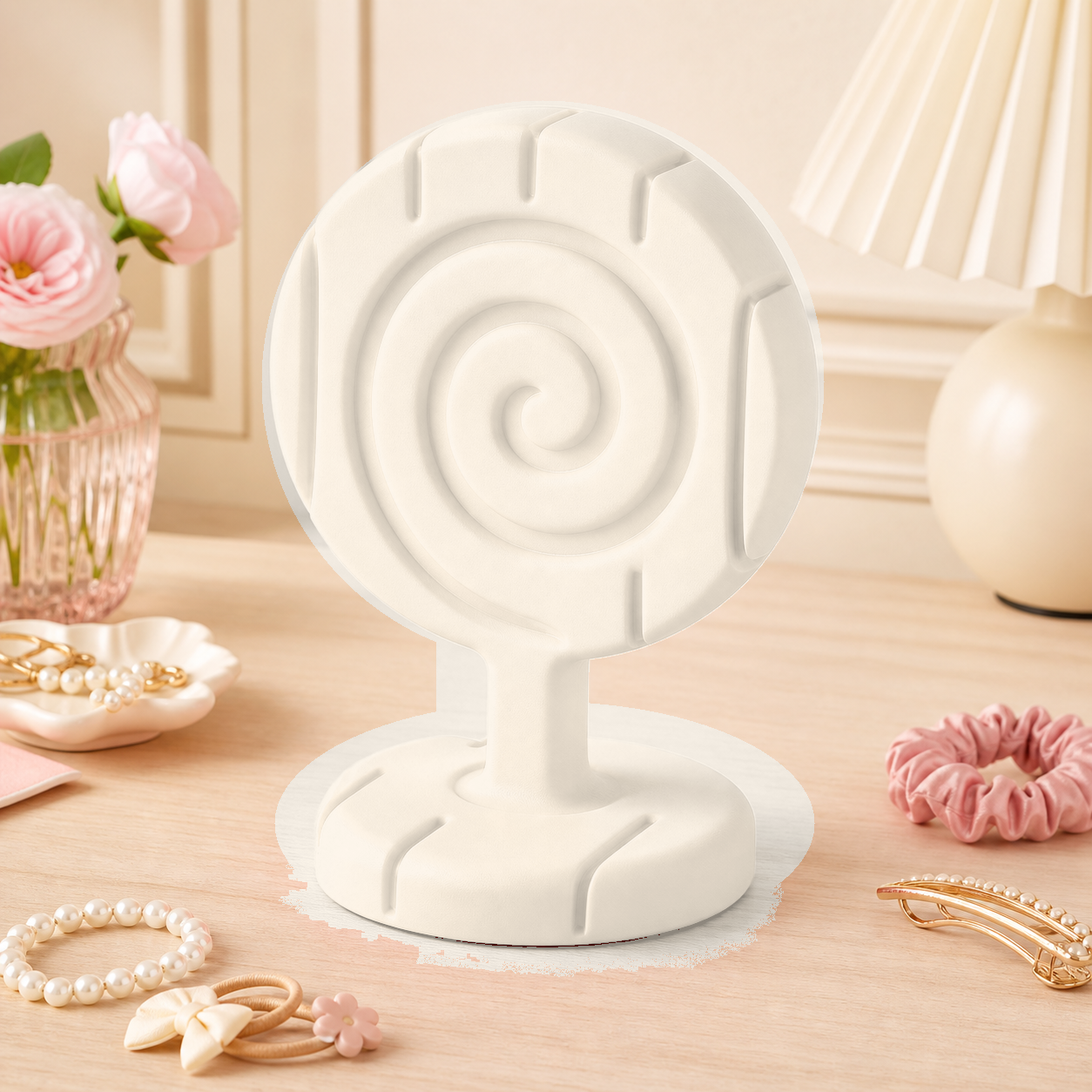 Lollipop Earring Stand, Hair Clip Holder, Pastel Vanity Organizer, Cute Desk Decor — Beige color variant
