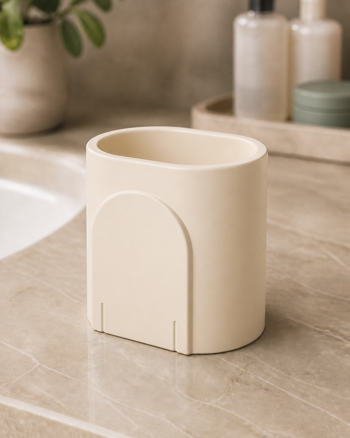 Modular Arc Brush Cup, Modern Pastel Bathroom Vanity Organizer for Makeup Brushes — Beige color variant
