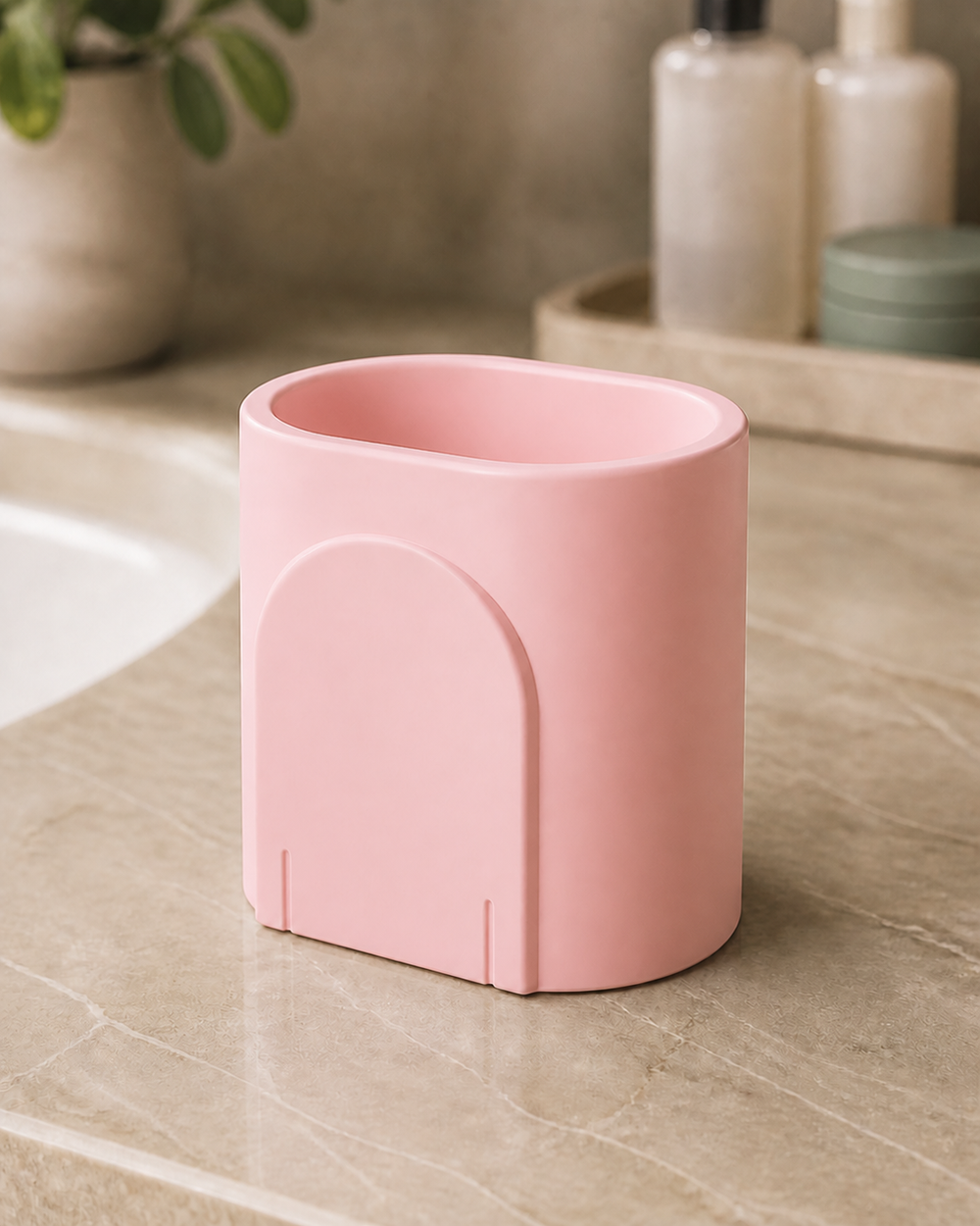 Modular Arc Brush Cup, Modern Pastel Bathroom Vanity Organizer for Makeup Brushes — Pink color variant