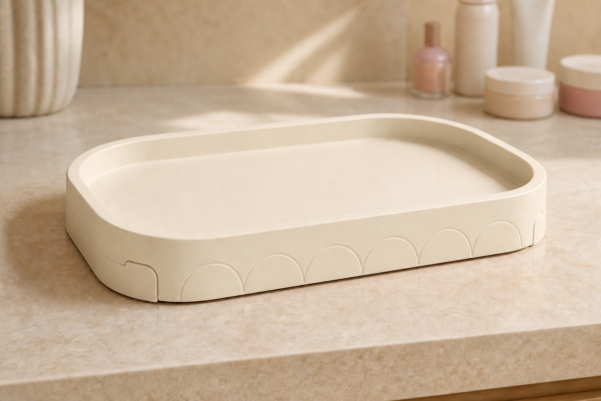 Modular Arc Vanity Tray, Modern Pastel Bathroom Counter Organizer and Jewelry Catchall — Beige color variant