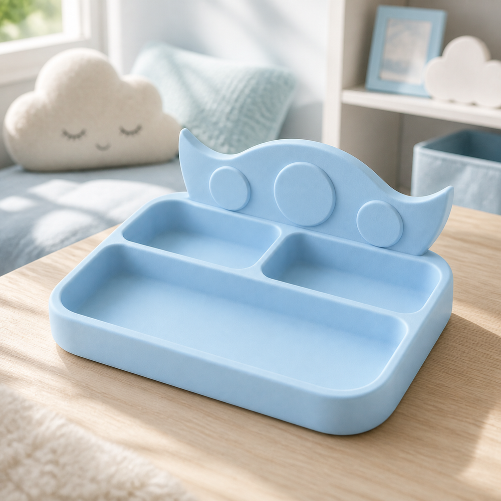 Moon Phase Desk Organizer, Pastel Divided Catchall Tray, Celestial Room Decor — Blue color variant