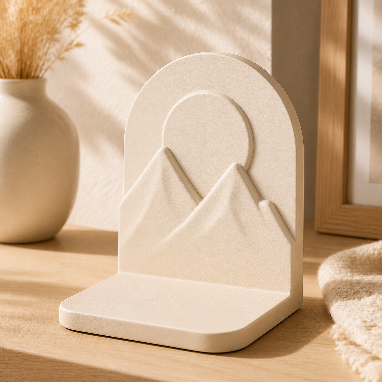Mountain Arch Bookend, Pastel Cabin Bookshelf Decor, Hiking Gift Shelf Accent — Beige color variant