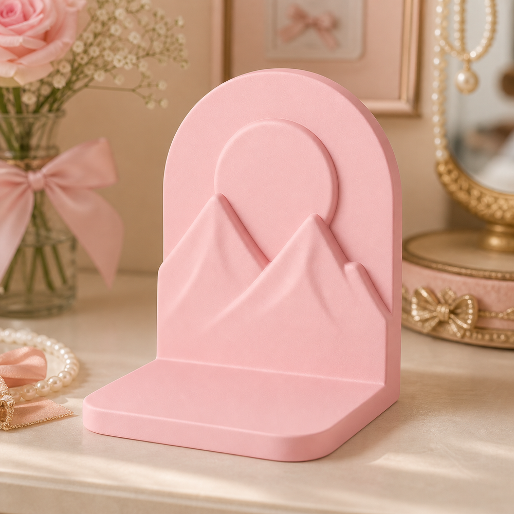 Mountain Arch Bookend, Pastel Cabin Bookshelf Decor, Hiking Gift Shelf Accent — Pink color variant