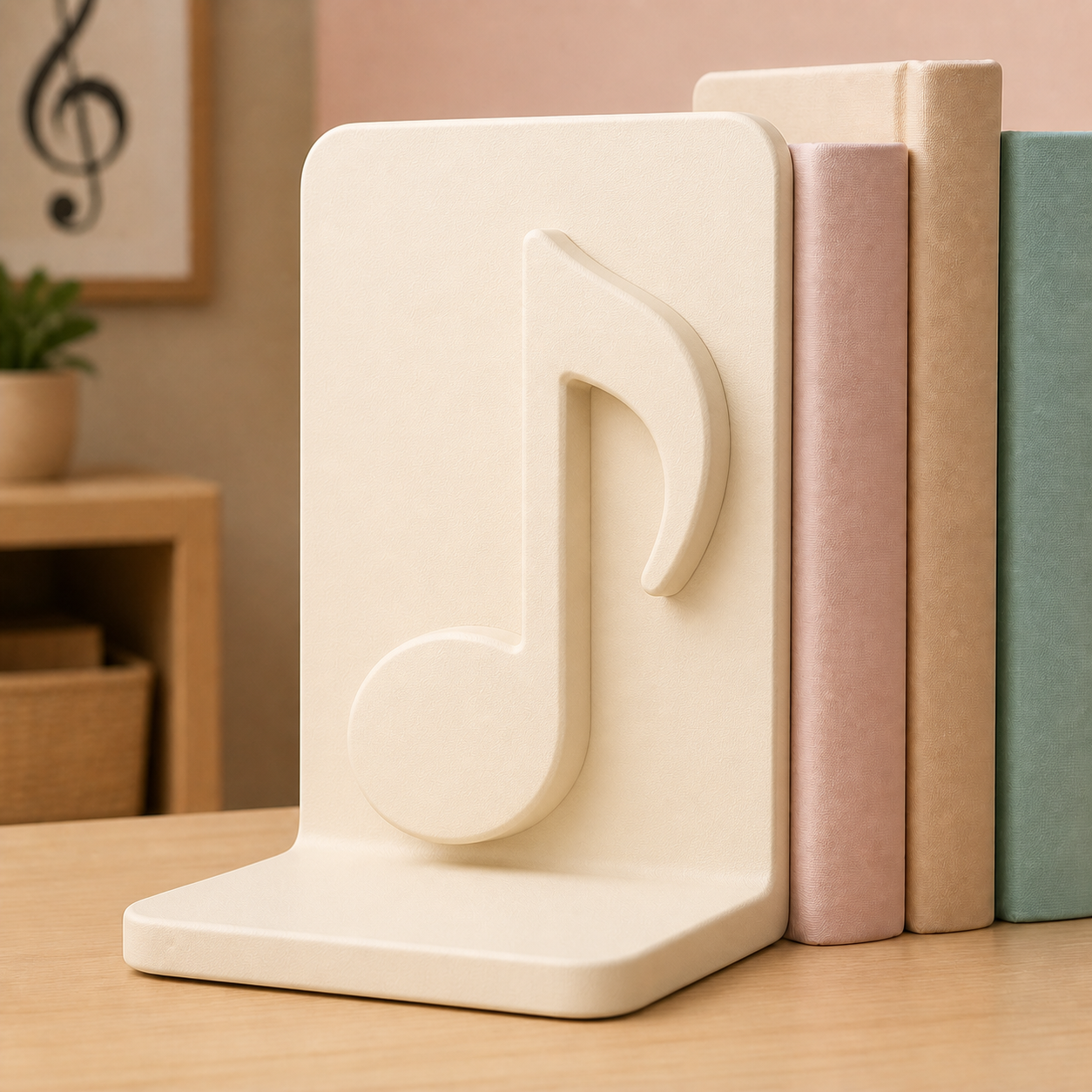 Music Note Bookend, Music Lover Gift, Teacher Desk Decor, Pastel Bookshelf Accent — Beige color variant