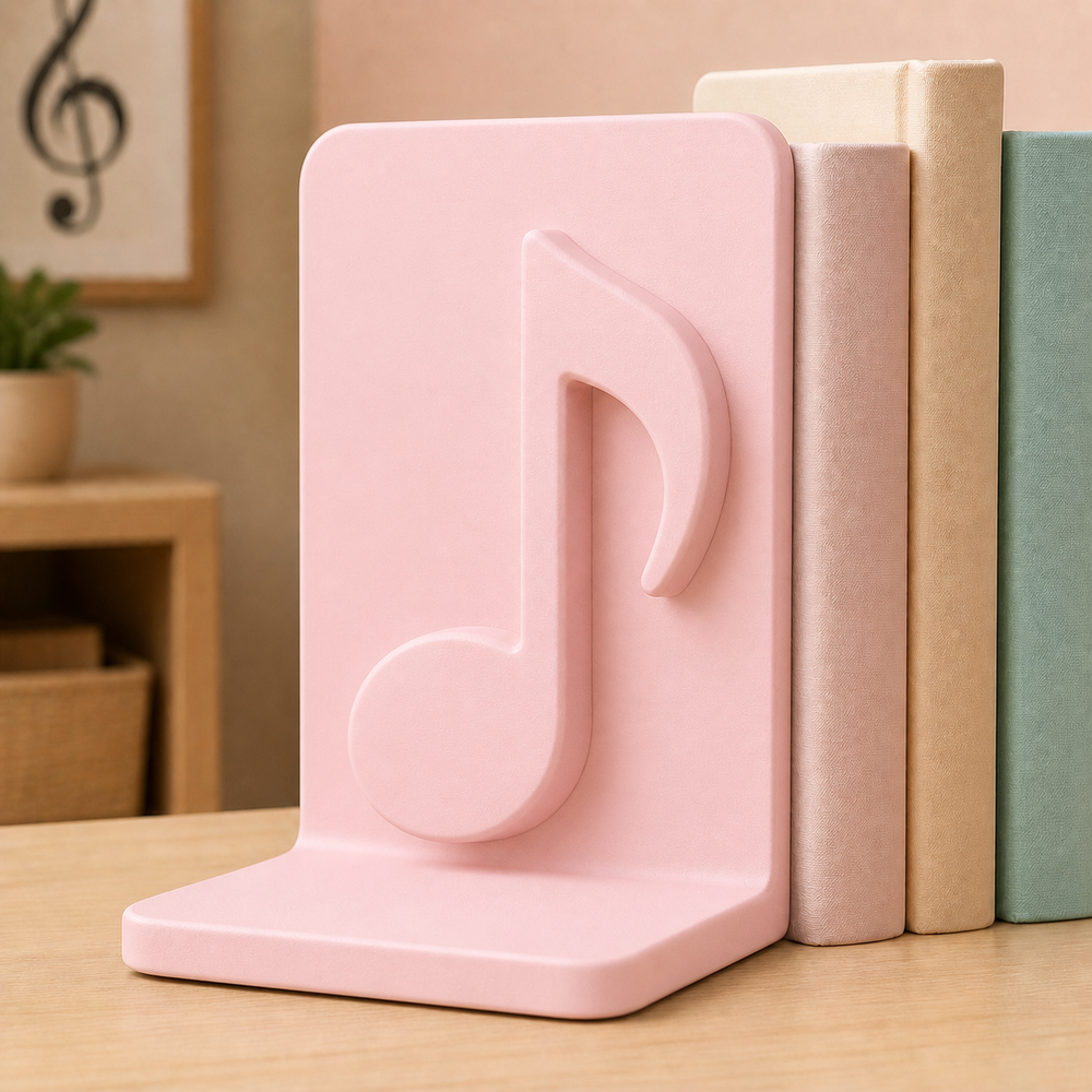 Music Note Bookend, Music Lover Gift, Teacher Desk Decor, Pastel Bookshelf Accent — Pink color variant