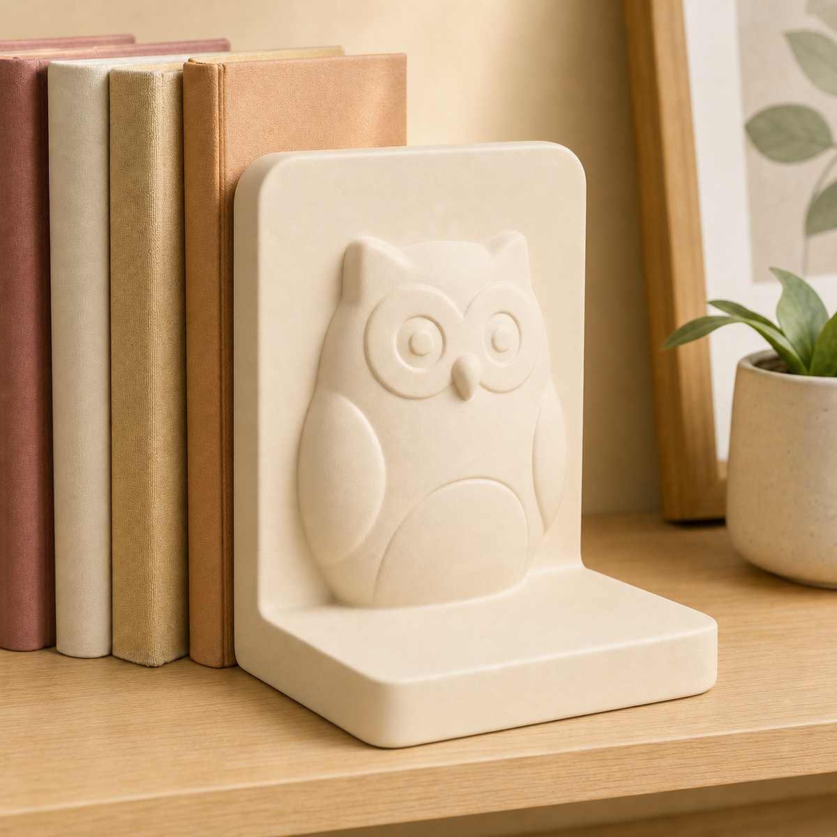 Owl Bookend, Cute Pastel Bookshelf Decor, Teacher Gift Desk Organizer — Beige color variant
