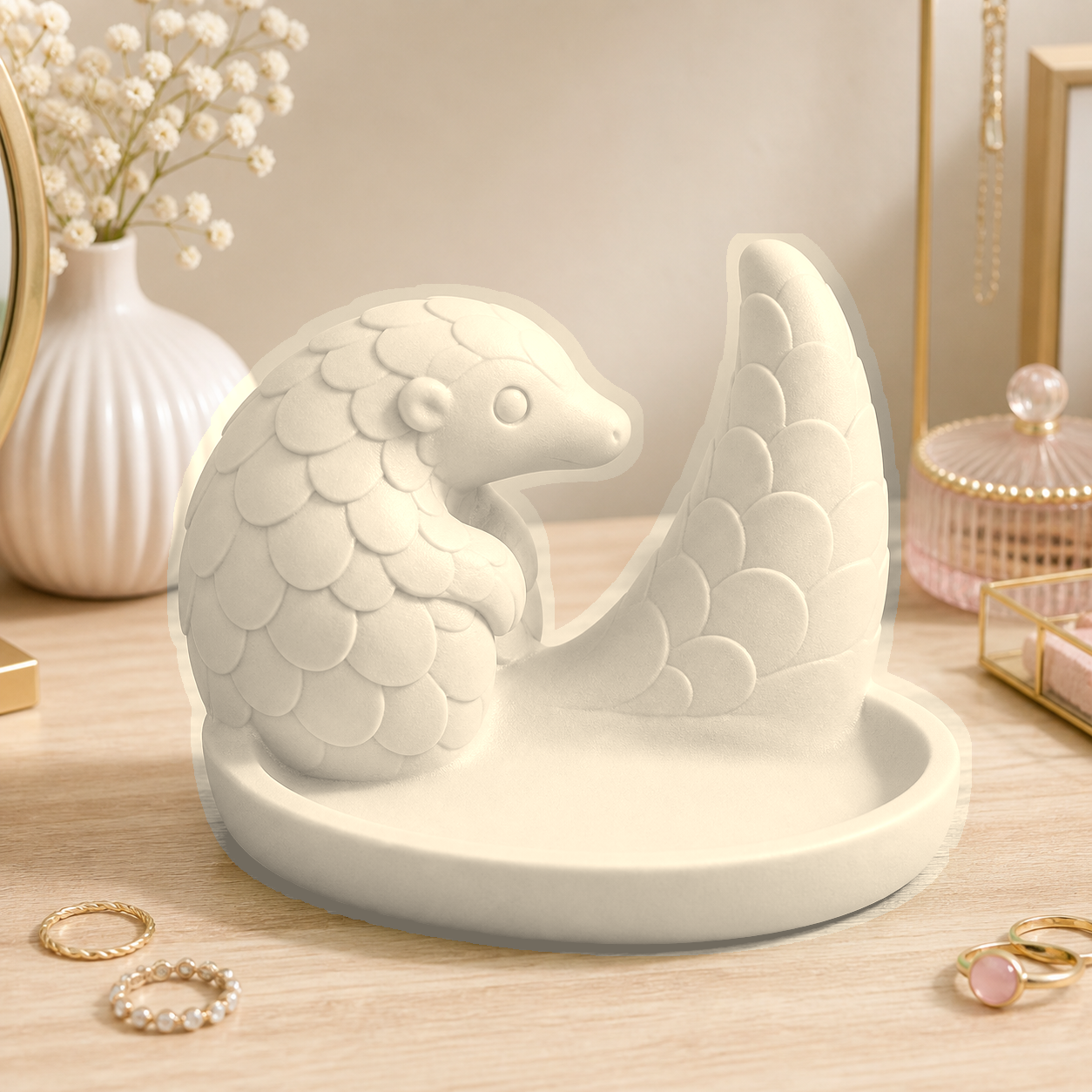 Pangolin Ring Holder, Pastel Jewelry Dish, Cute Vanity Desk Decor Gift — Beige color variant