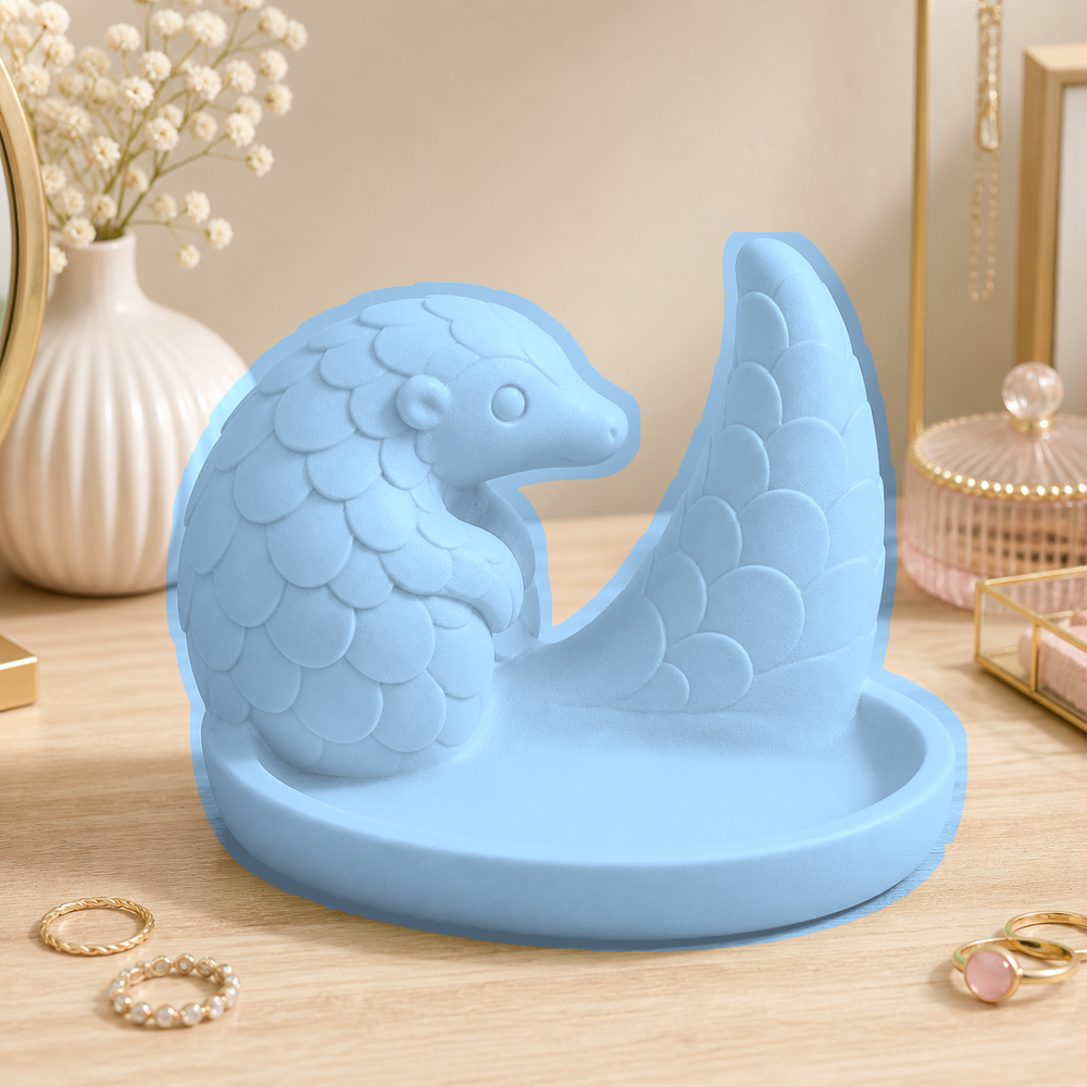 Pangolin Ring Holder, Pastel Jewelry Dish, Cute Vanity Desk Decor Gift — Blue color variant