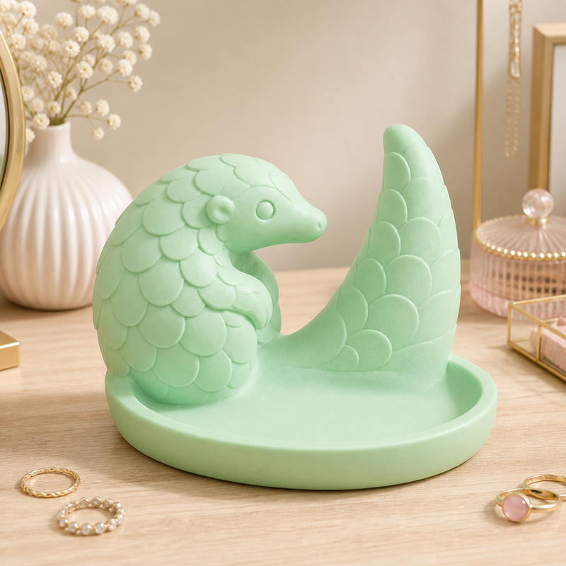 Pangolin Ring Holder, Pastel Jewelry Dish, Cute Vanity Desk Decor Gift — Green color variant