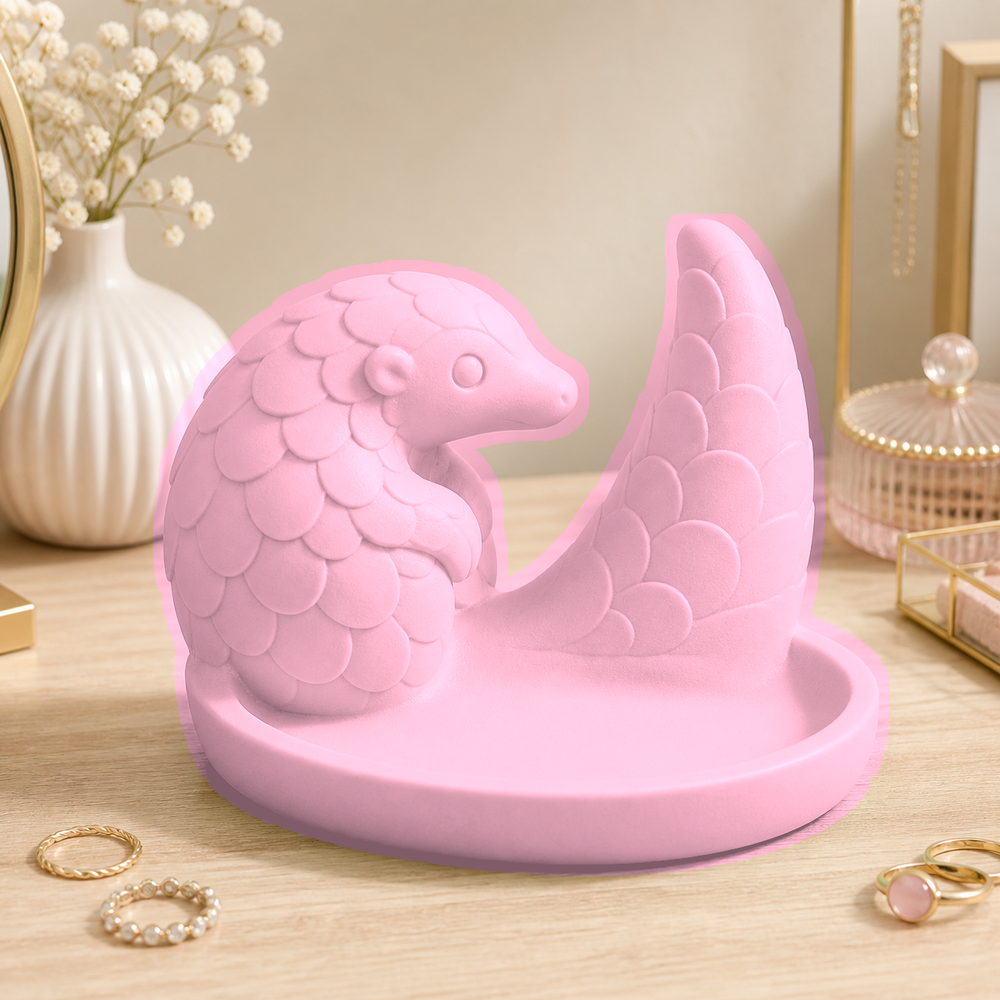 Pangolin Ring Holder, Pastel Jewelry Dish, Cute Vanity Desk Decor Gift — Pink color variant