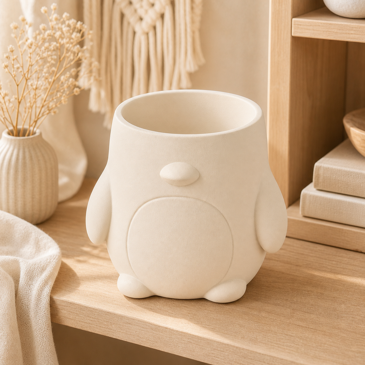 Penguin Decor Cachepot, Pastel Shelf Pot, Cute Animal Desk Decor Gift — Beige color variant