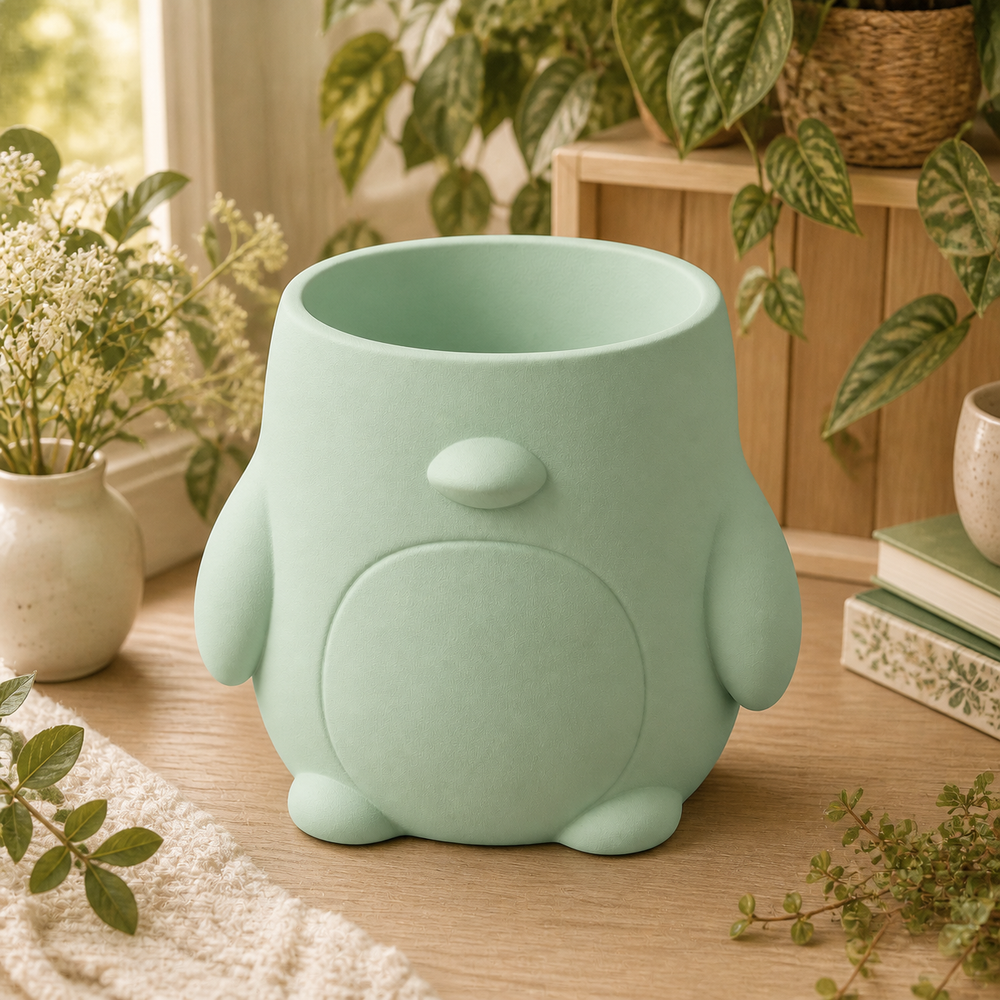Penguin Decor Cachepot, Pastel Shelf Pot, Cute Animal Desk Decor Gift — Green color variant