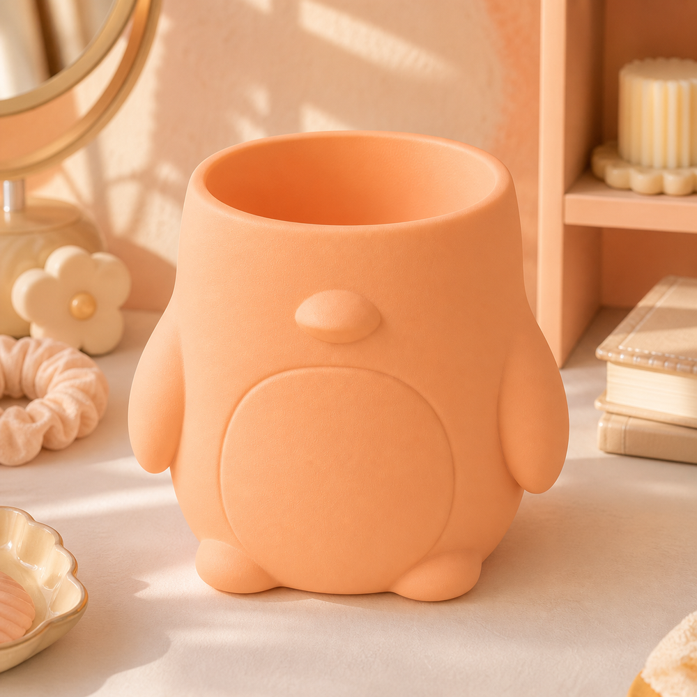 Penguin Decor Cachepot, Pastel Shelf Pot, Cute Animal Desk Decor Gift — Orange color variant