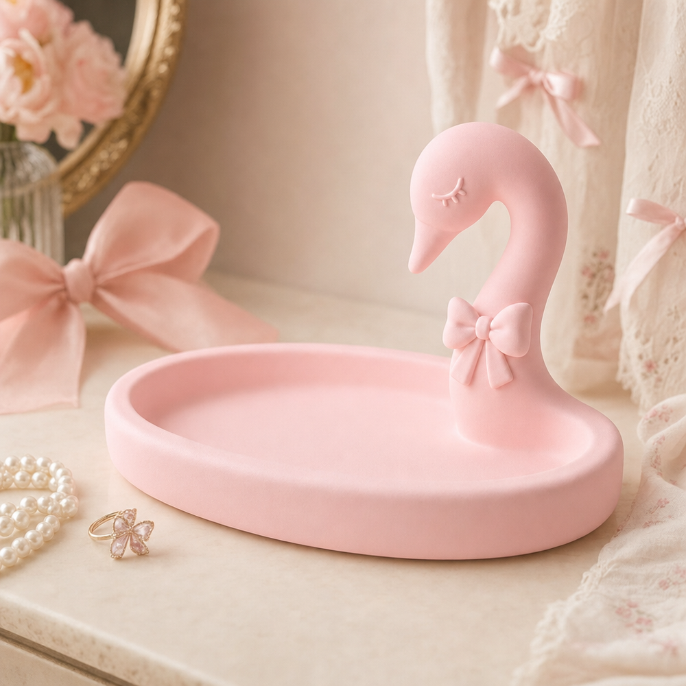Vanity Tray, Pastel Swan Catchall, Coquette Bridesmaid Gift, Cute Vanity Decor — Pink lifestyle color variant