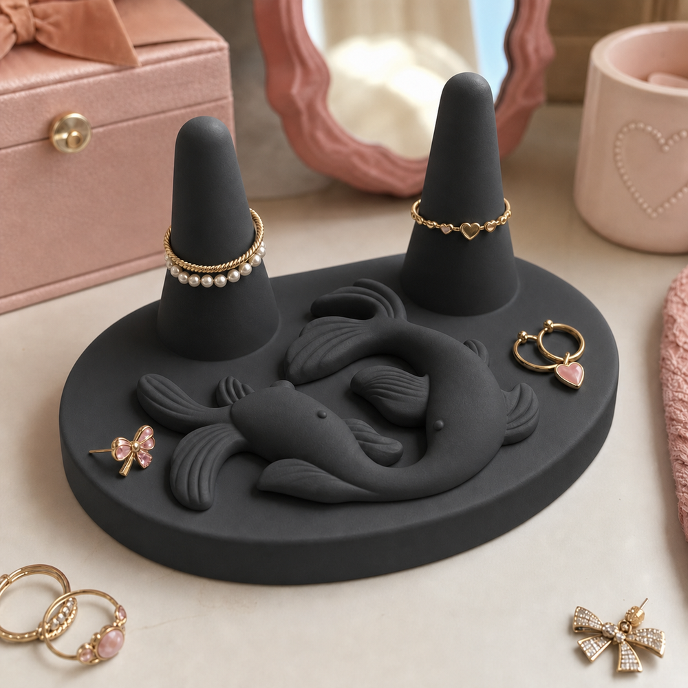 Pisces Fish Jewelry Holder, Pastel Zodiac Ring Stand — Black color variant