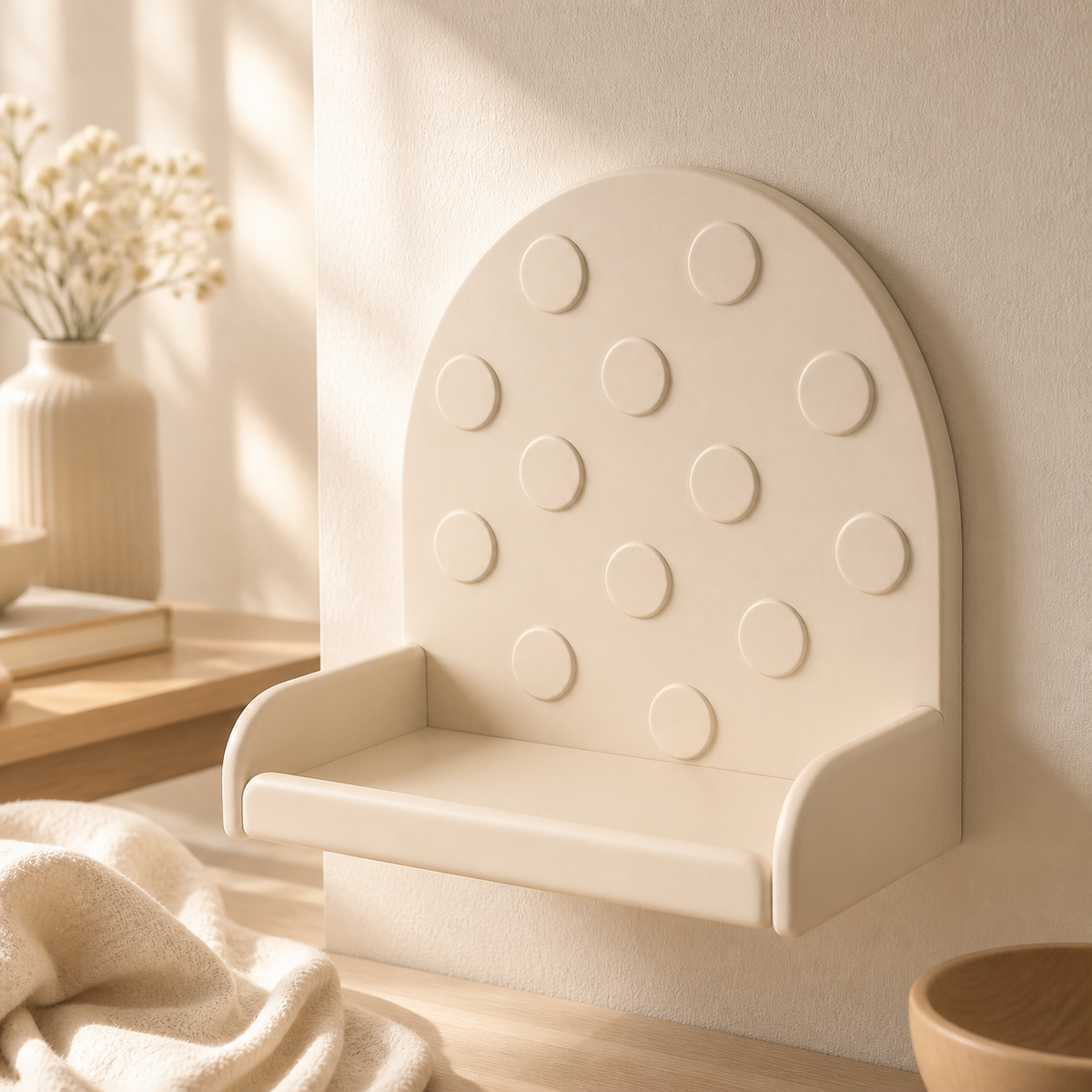 Polka Dot Mini Wall Ledge, Pastel Trinket Shelf, Cute Nursery Decor — Beige color variant