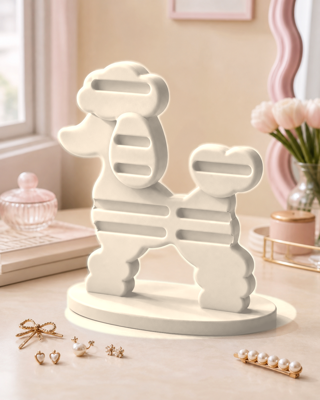 Poodle Earring and Hair Clip Display, Pastel Vanity Organizer, Cute Desk Decor Gift — Beige color variant