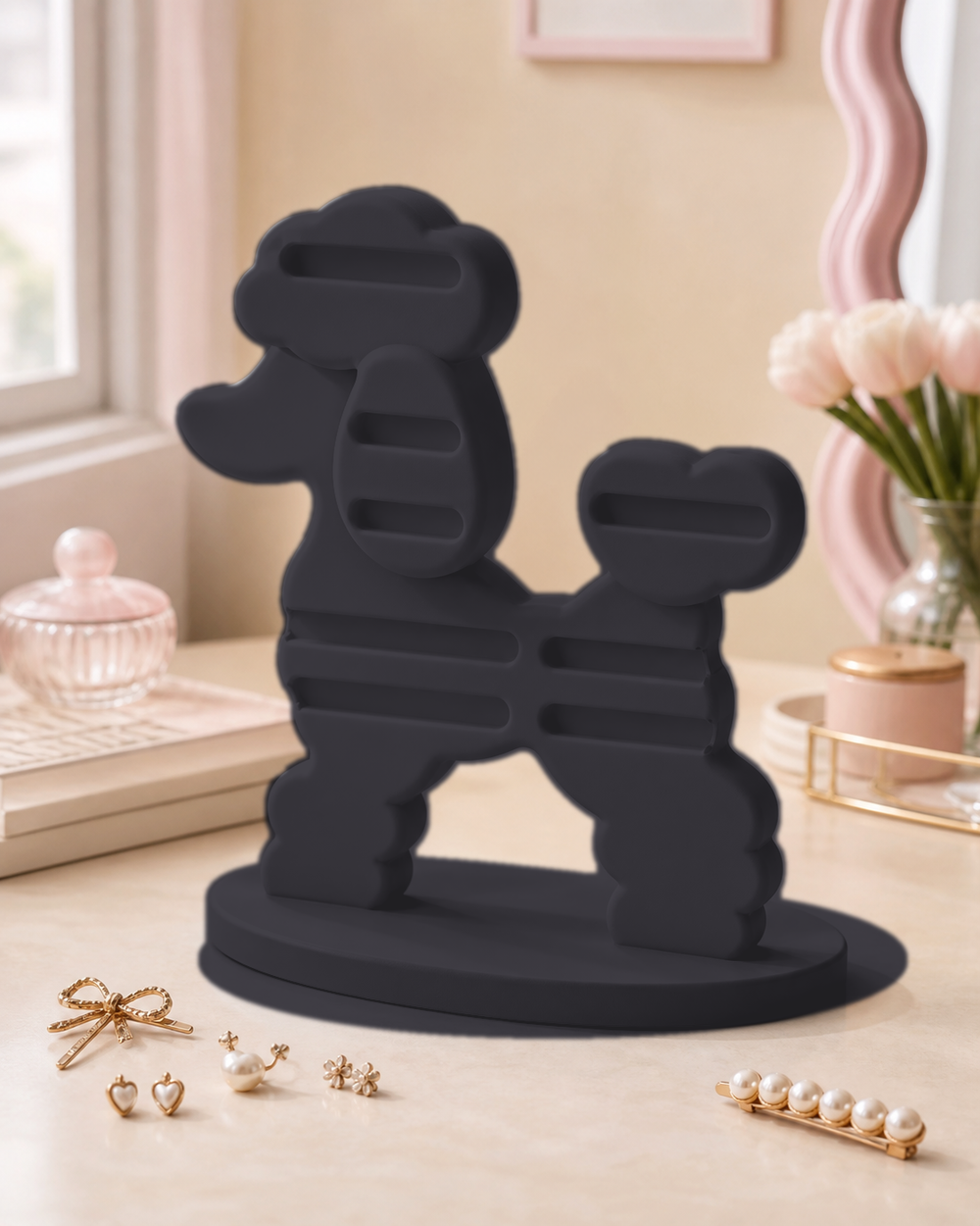 Poodle Earring and Hair Clip Display, Pastel Vanity Organizer, Cute Desk Decor Gift — Black color variant