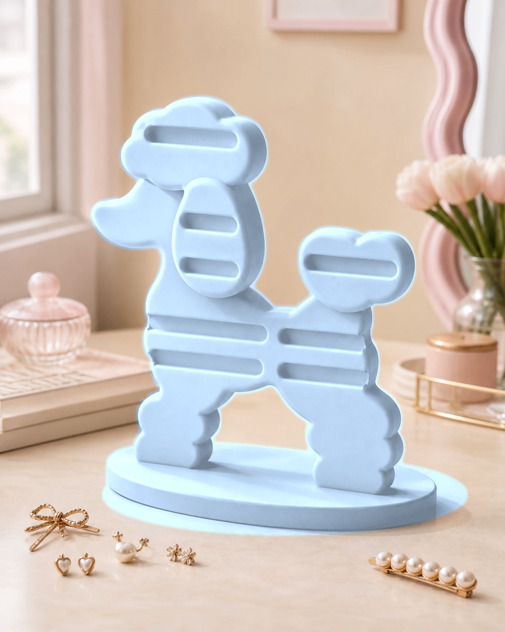 Poodle Earring and Hair Clip Display, Pastel Vanity Organizer, Cute Desk Decor Gift — Blue color variant