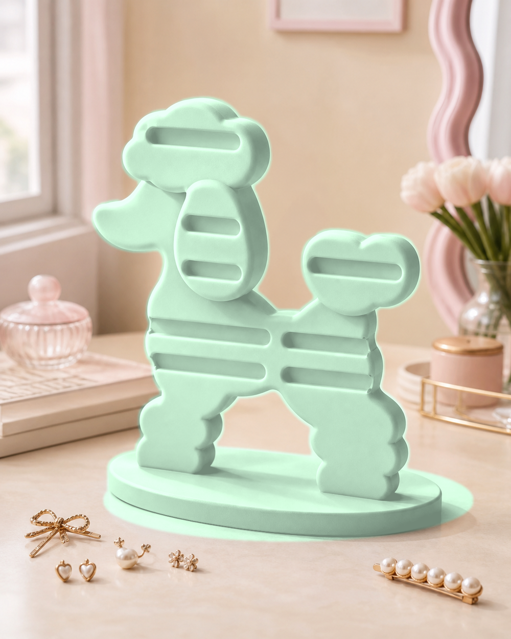 Poodle Earring and Hair Clip Display, Pastel Vanity Organizer, Cute Desk Decor Gift — Green color variant