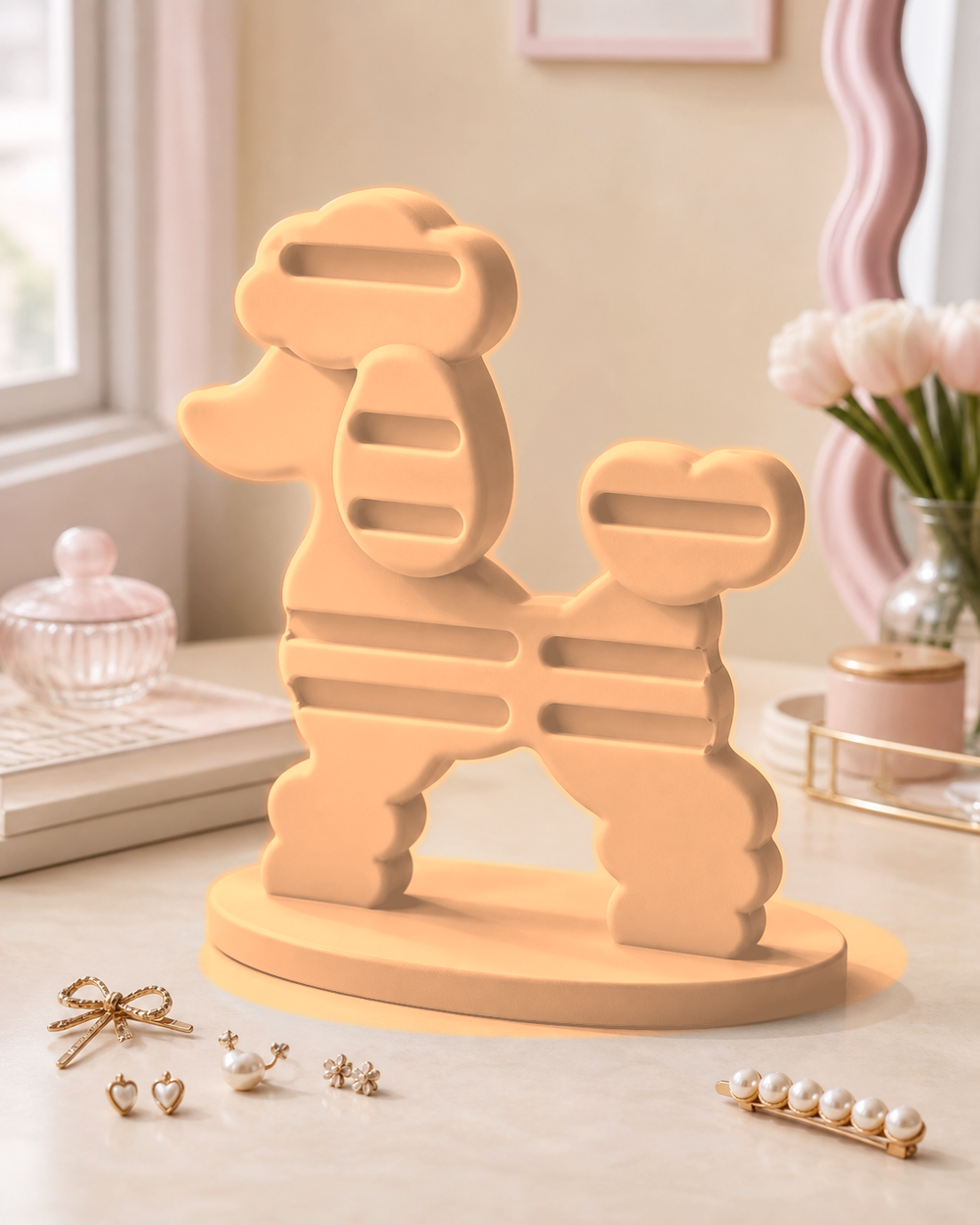 Poodle Earring and Hair Clip Display, Pastel Vanity Organizer, Cute Desk Decor Gift — Orange color variant