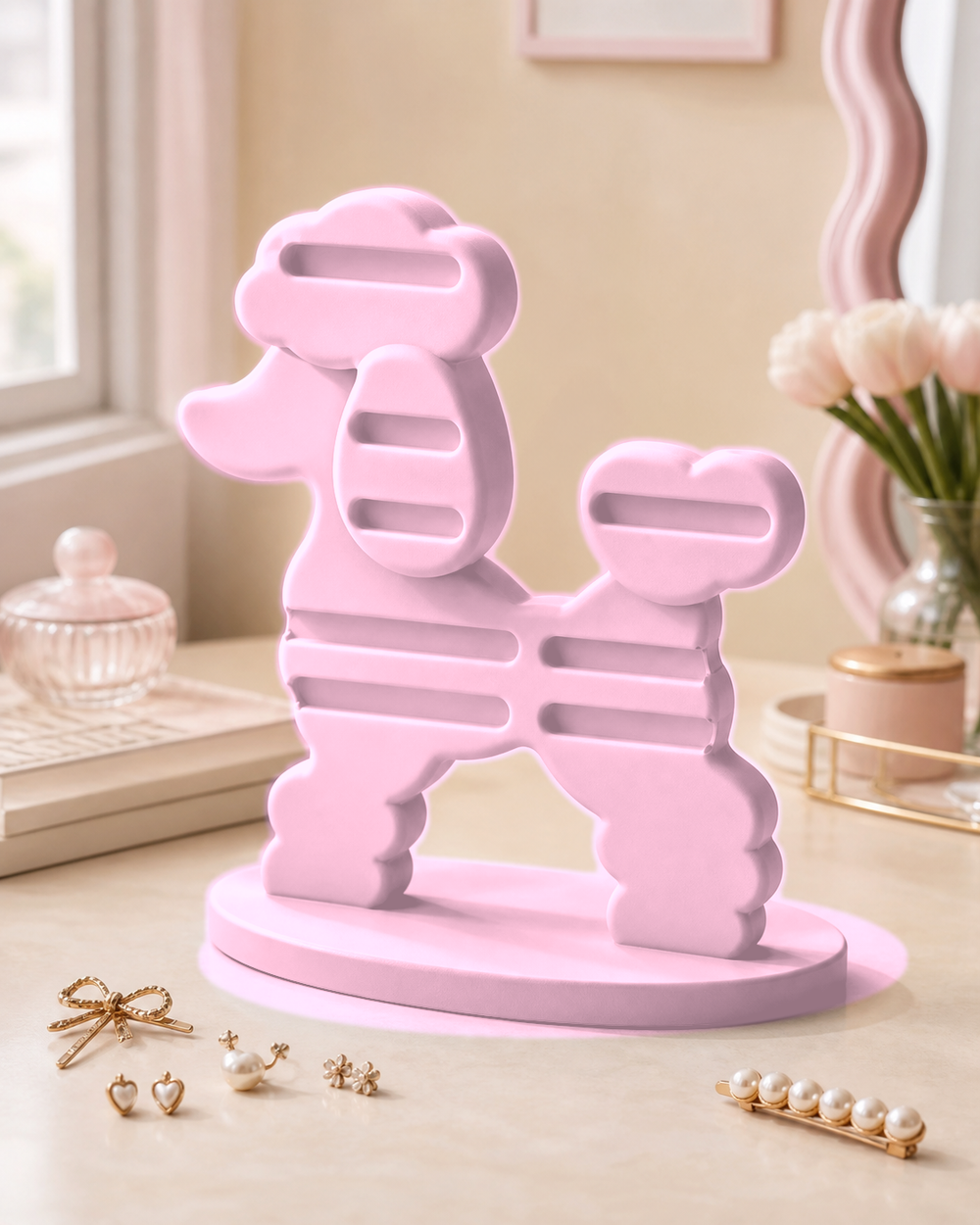 Poodle Earring and Hair Clip Display, Pastel Vanity Organizer, Cute Desk Decor Gift — Pink color variant