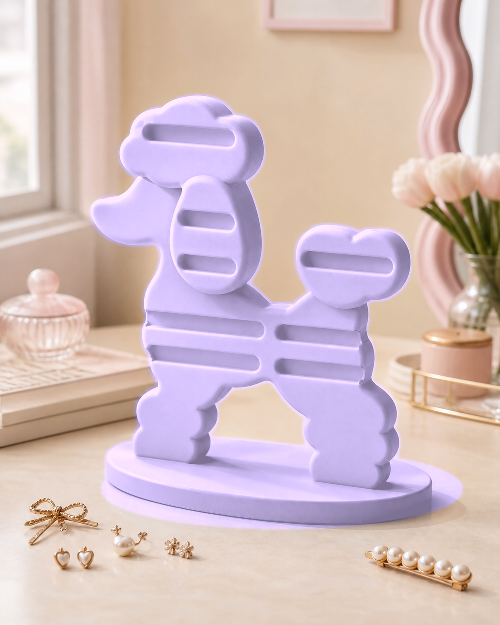 Poodle Earring and Hair Clip Display, Pastel Vanity Organizer, Cute Desk Decor Gift — Purple color variant