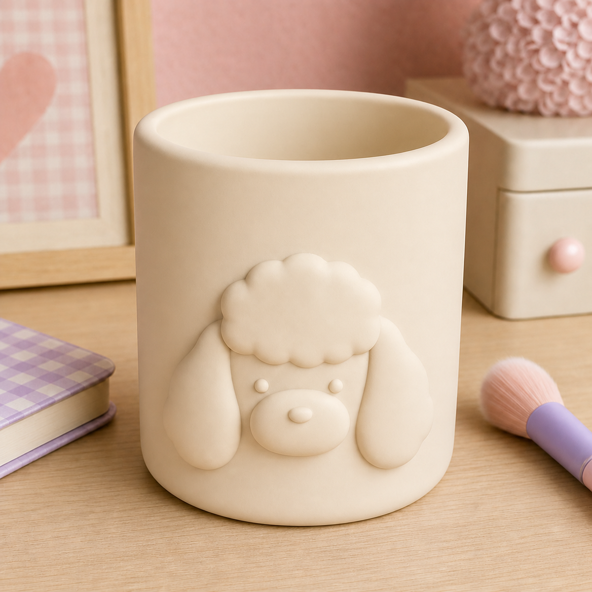 Poodle Pencil Brush Cup, Pastel Desk Organizer, Cute Vanity Decor Gift — Beige color variant