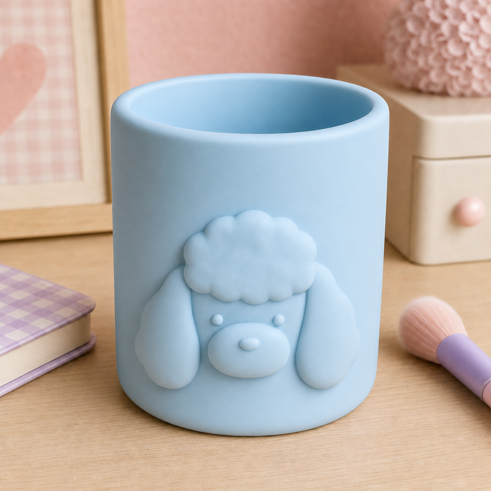 Poodle Pencil Brush Cup, Pastel Desk Organizer, Cute Vanity Decor Gift — Blue color variant