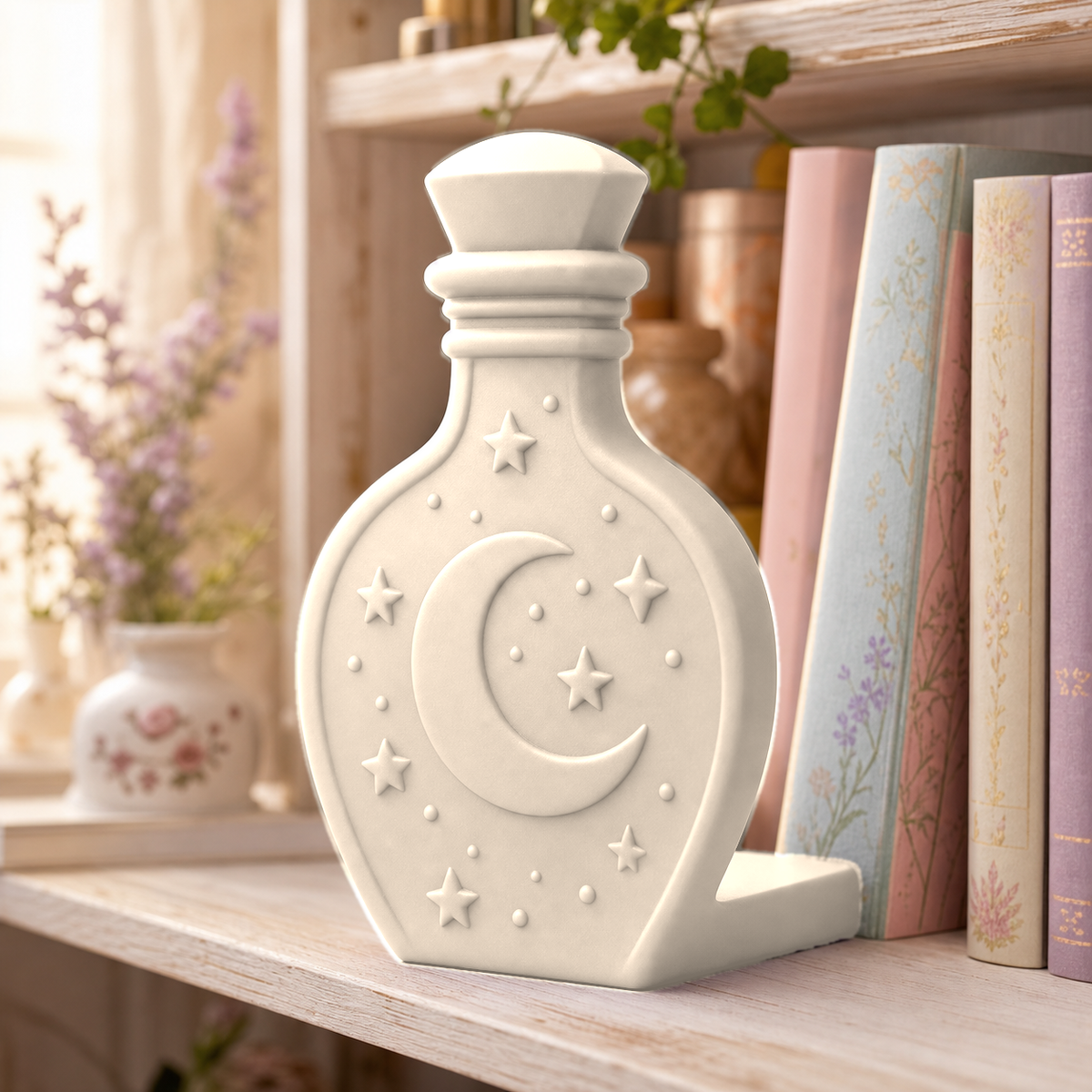 Potion Bottle Bookend, Cottagecore Bookshelf Decor, Fantasy Desk Shelf Accent Gift — Beige color variant