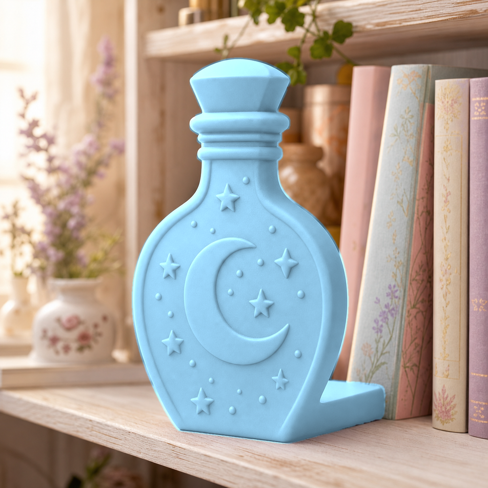 Potion Bottle Bookend, Cottagecore Bookshelf Decor, Fantasy Desk Shelf Accent Gift — Blue color variant