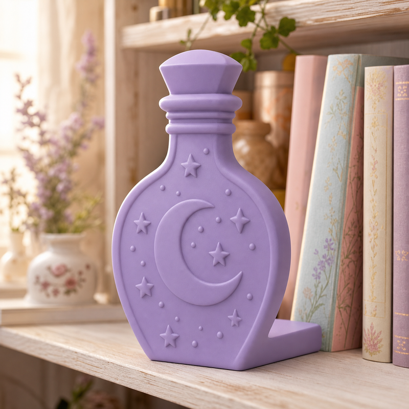 Potion Bottle Bookend, Cottagecore Bookshelf Decor, Fantasy Desk Shelf Accent Gift — Purple color variant