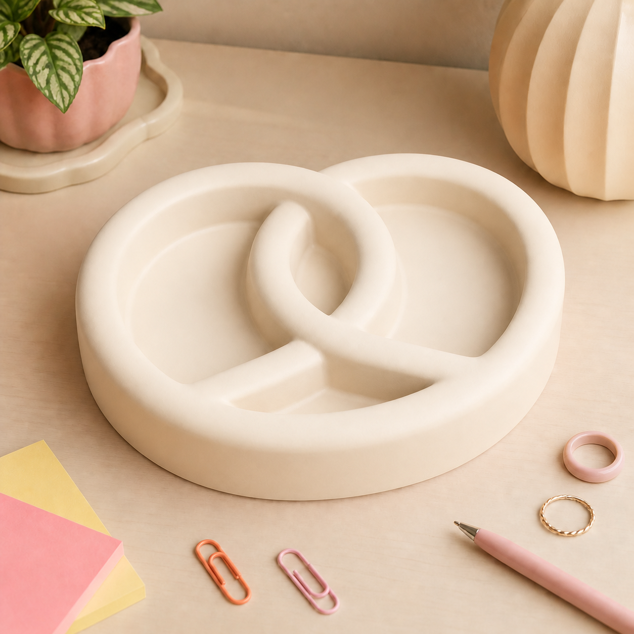 Pretzel Desk Organizer, Pastel Divided Catchall Tray, Cute Dorm Desk Decor Gift — Beige color variant