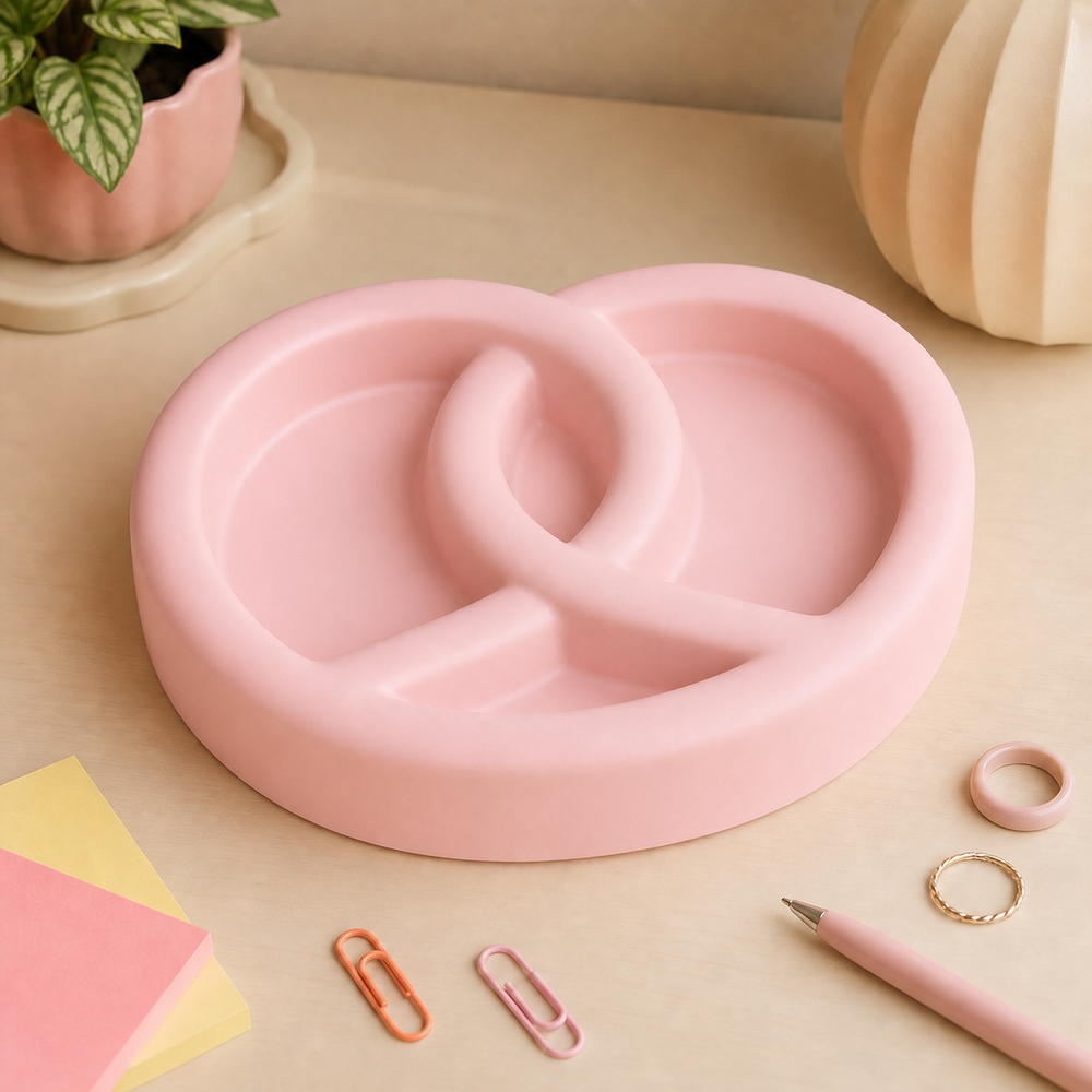 Pretzel Desk Organizer, Pastel Divided Catchall Tray, Cute Dorm Desk Decor Gift — Pink color variant