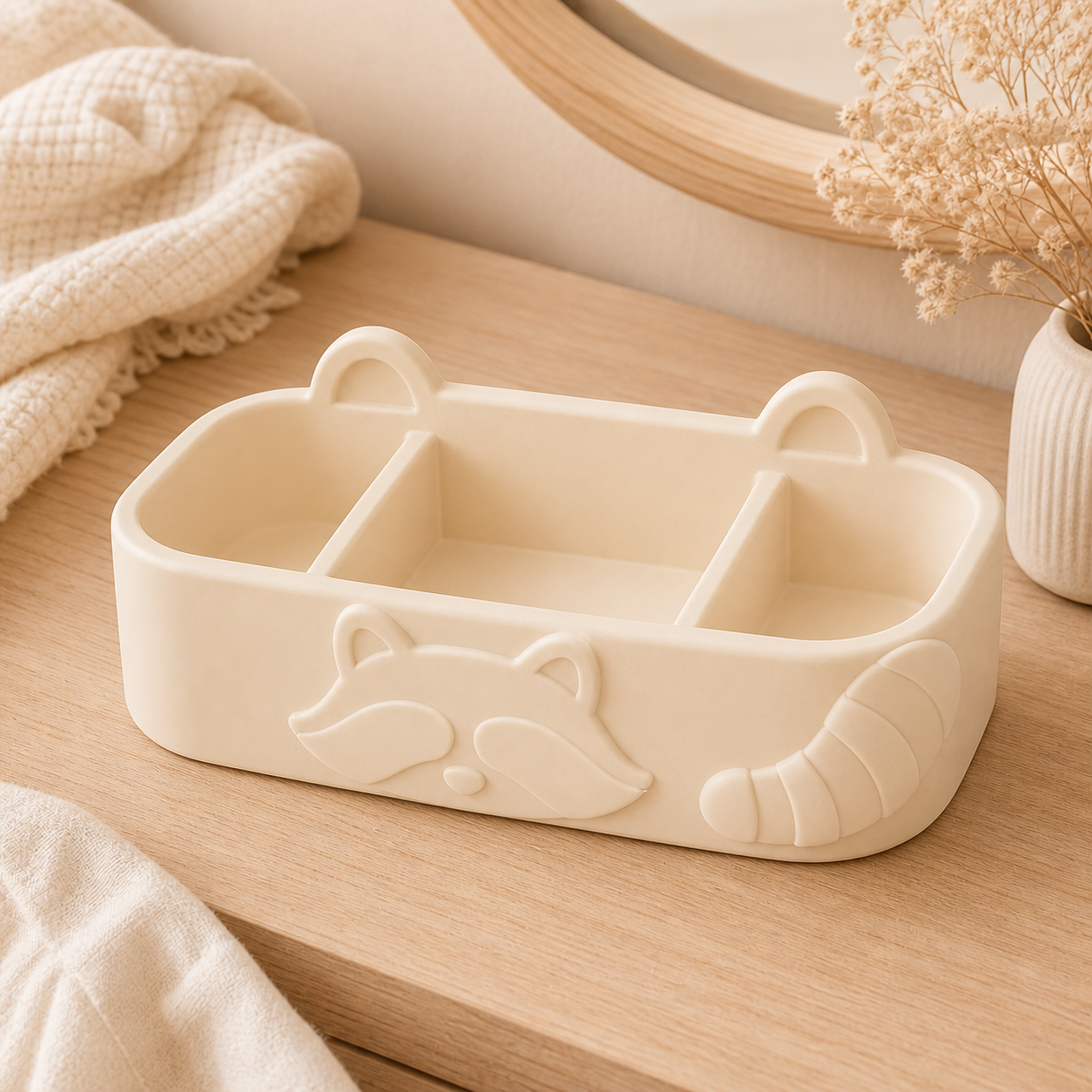 Raccoon Vanity Caddy, Pastel Divided Organizer, Cute Woodland Desk Decor — Beige color variant
