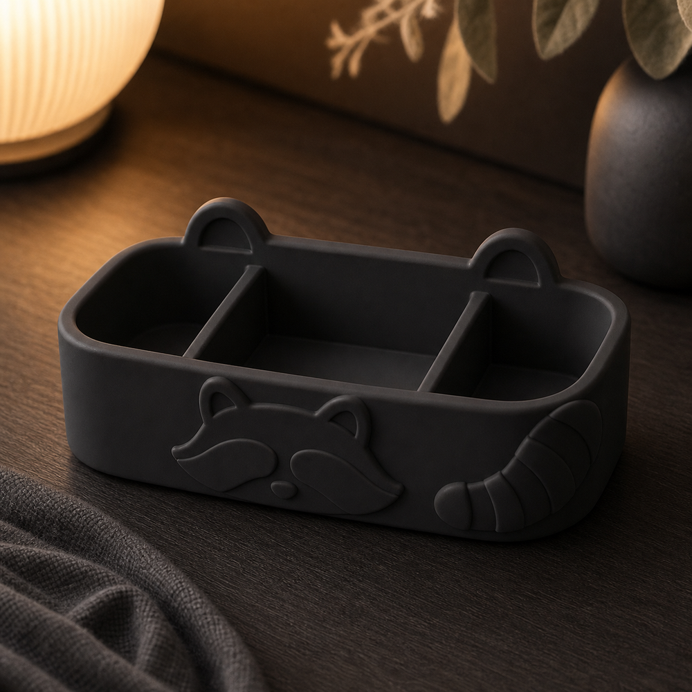 Raccoon Vanity Caddy, Pastel Divided Organizer, Cute Woodland Desk Decor — Black color variant