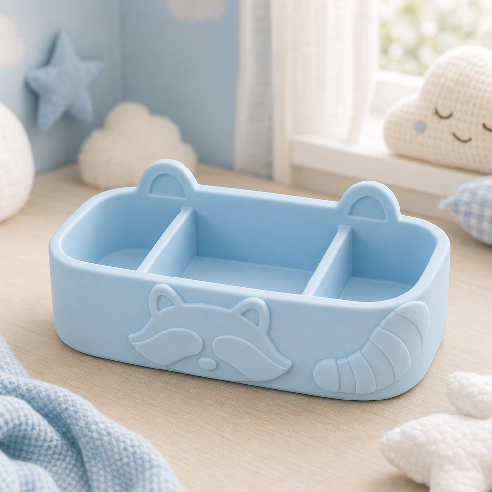 Raccoon Vanity Caddy, Pastel Divided Organizer, Cute Woodland Desk Decor — Blue color variant