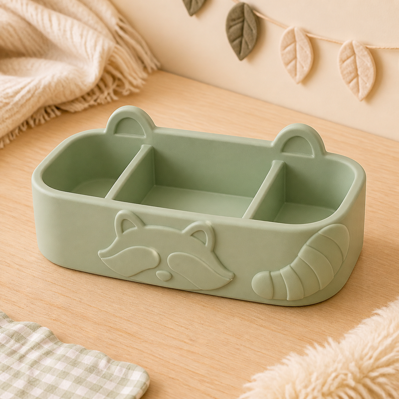 Raccoon Vanity Caddy, Pastel Divided Organizer, Cute Woodland Desk Decor — Green color variant