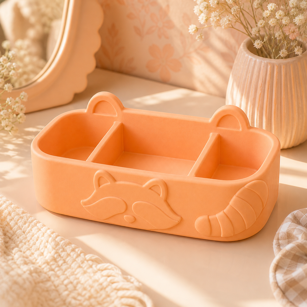 Raccoon Vanity Caddy, Pastel Divided Organizer, Cute Woodland Desk Decor — Orange color variant