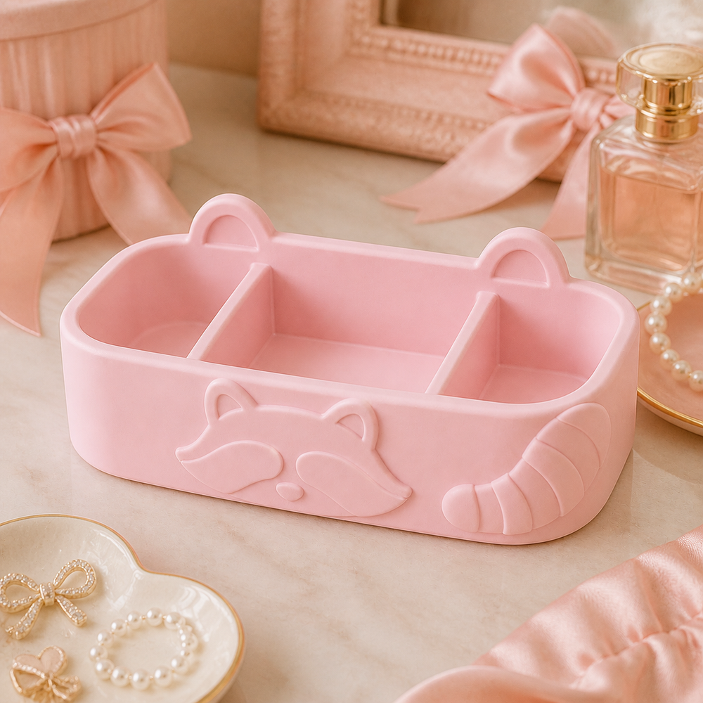 Raccoon Vanity Caddy, Pastel Divided Organizer, Cute Woodland Desk Decor — Pink color variant