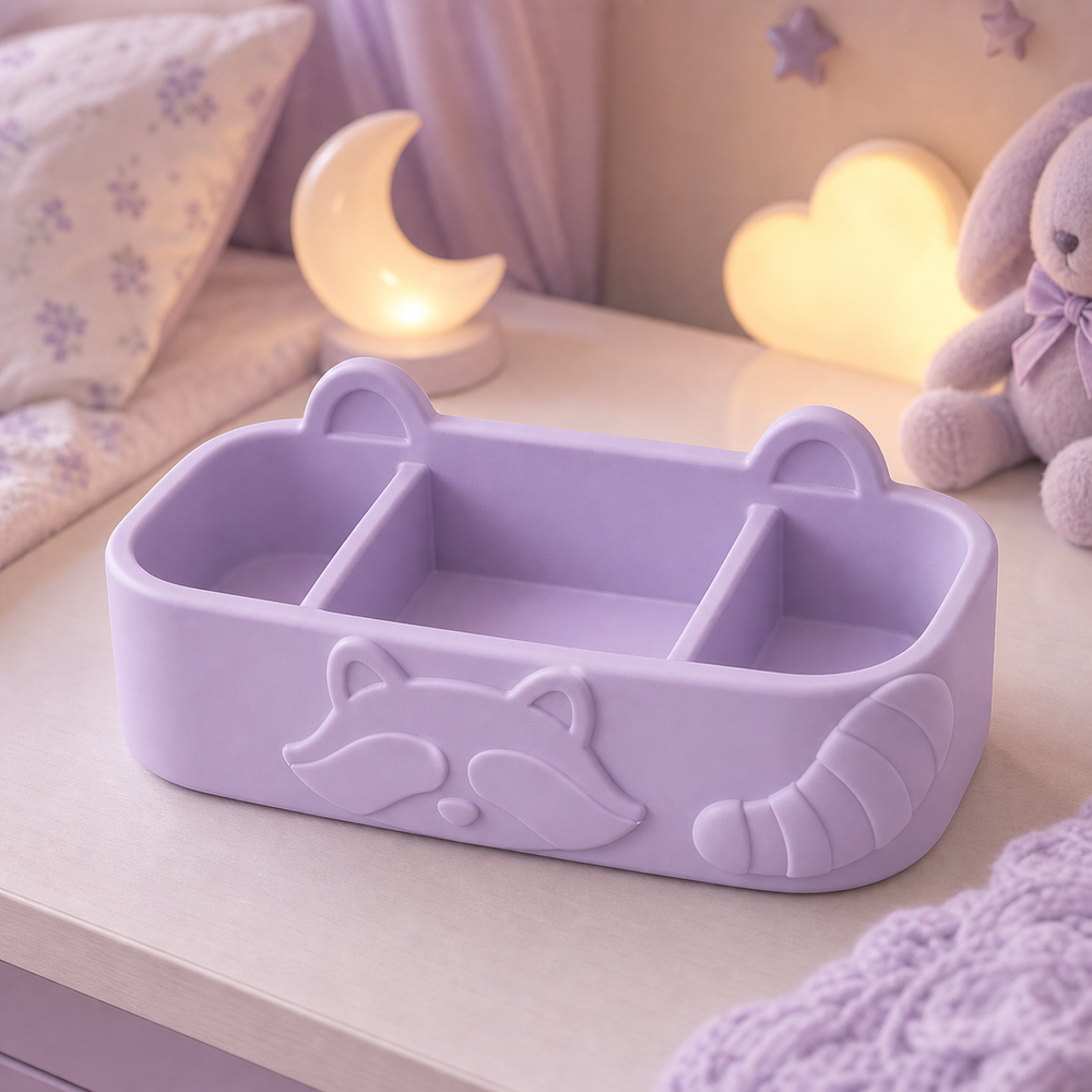 Raccoon Vanity Caddy, Pastel Divided Organizer, Cute Woodland Desk Decor — Purple color variant