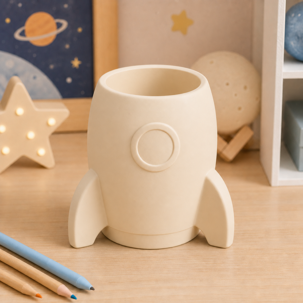 Rocket Pencil Cup, Space Desk Organizer, Pastel Pen Holder Nursery Decor Gift — Beige color variant