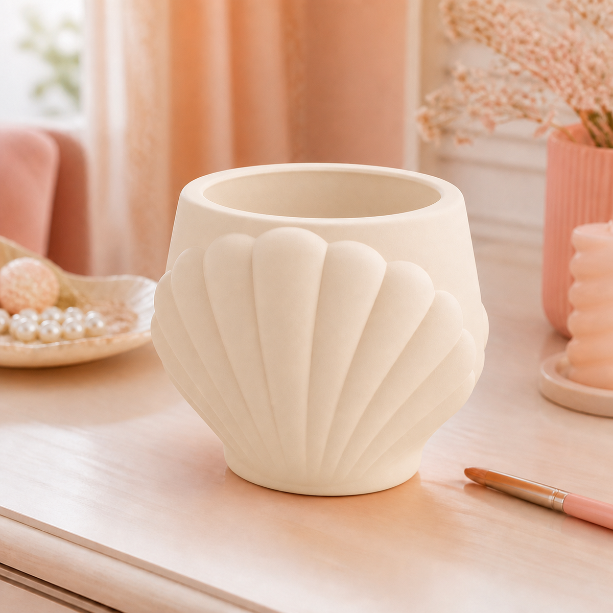 Seashell Makeup Brush Cup, Pastel Vanity Organizer — Beige color variant