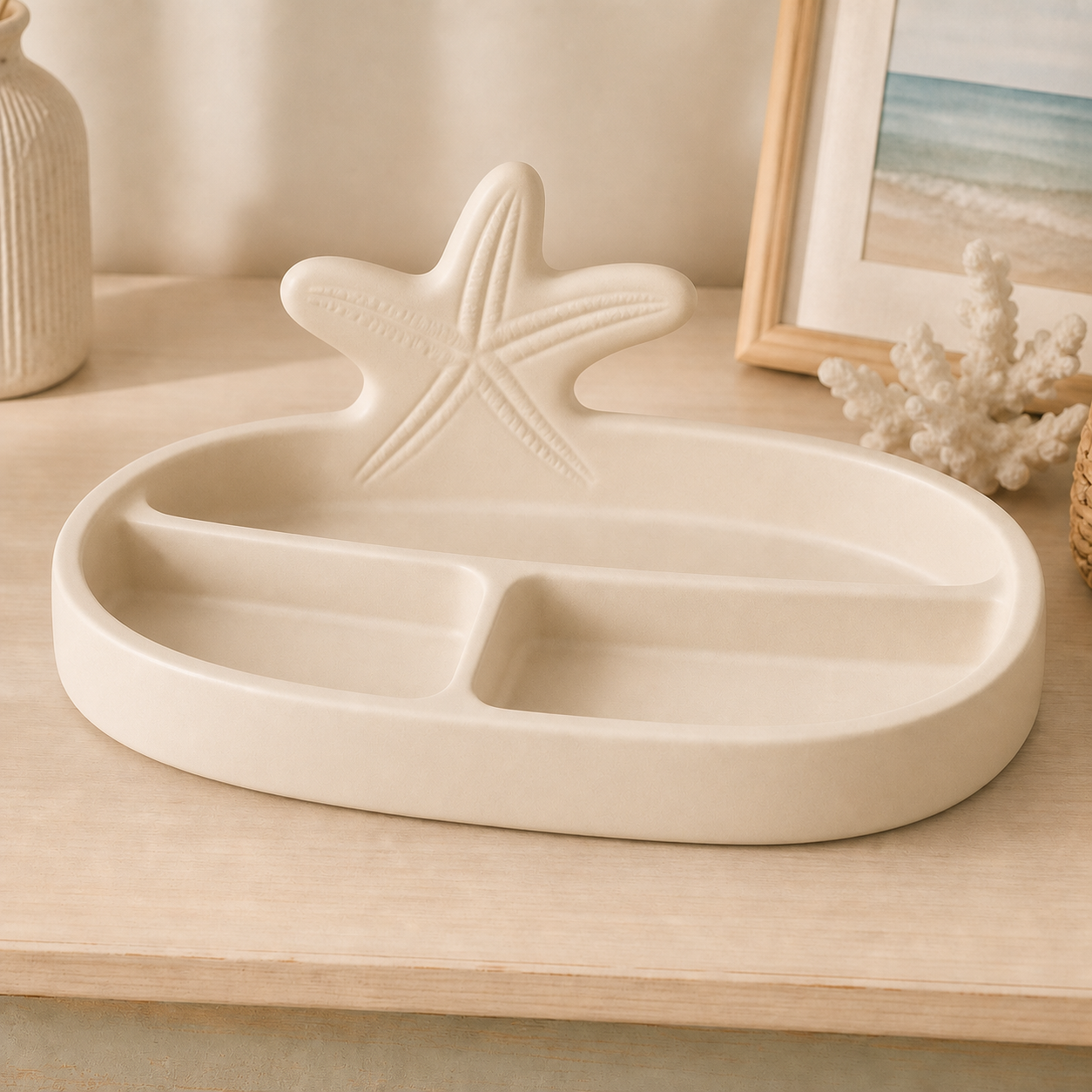 Starfish Desk Organizer, Ocean Divided Catchall Tray, Pastel Desk Decor — Beige color variant
