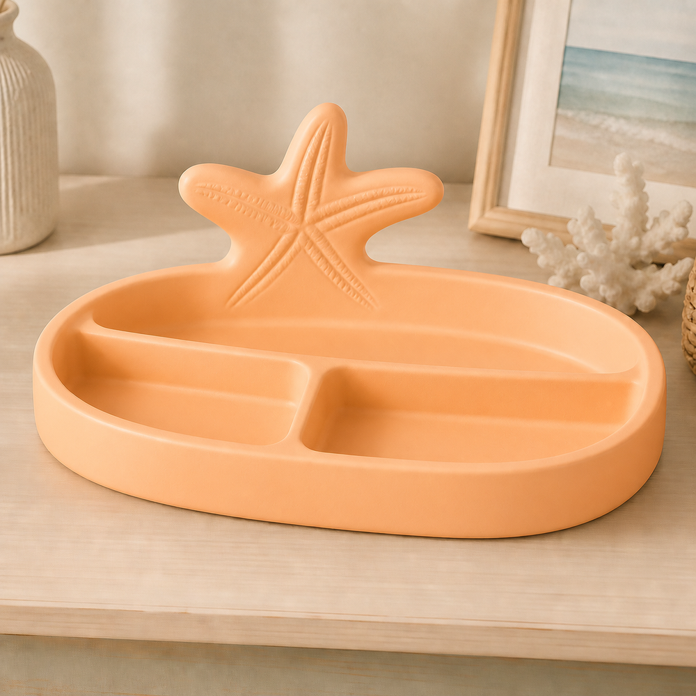Starfish Desk Organizer, Ocean Divided Catchall Tray, Pastel Desk Decor — Orange color variant