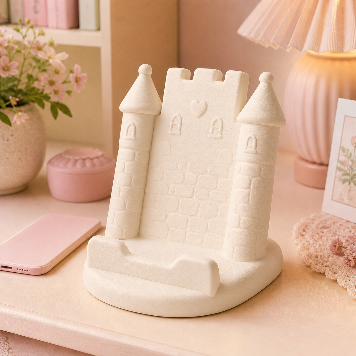 Tiny Castle Phone Stand, Pastel Desk Decor — Beige color variant