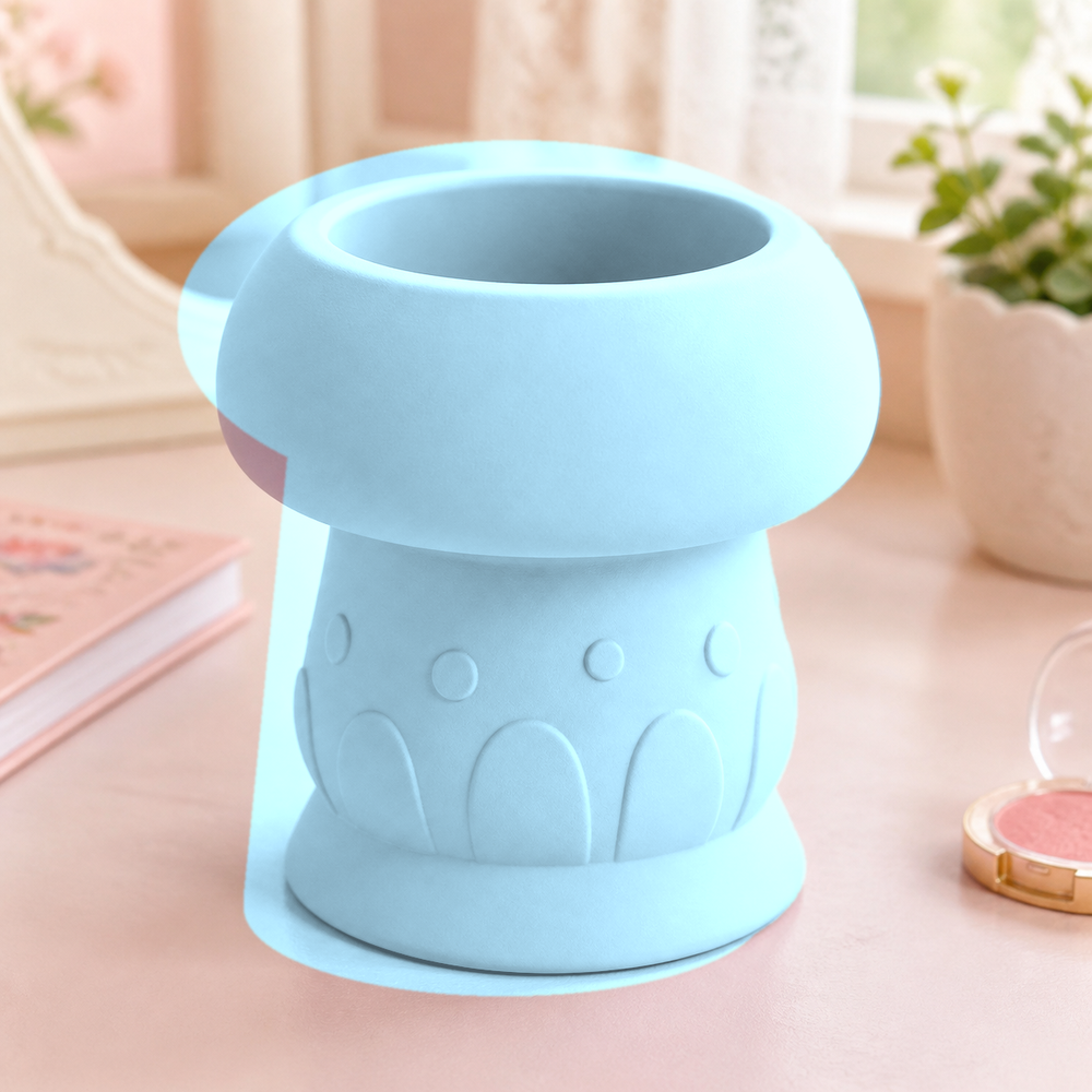 Toadstool Brush Cup, Pastel Pencil Holder, Cottagecore Vanity Desk Decor Gift — Blue color variant
