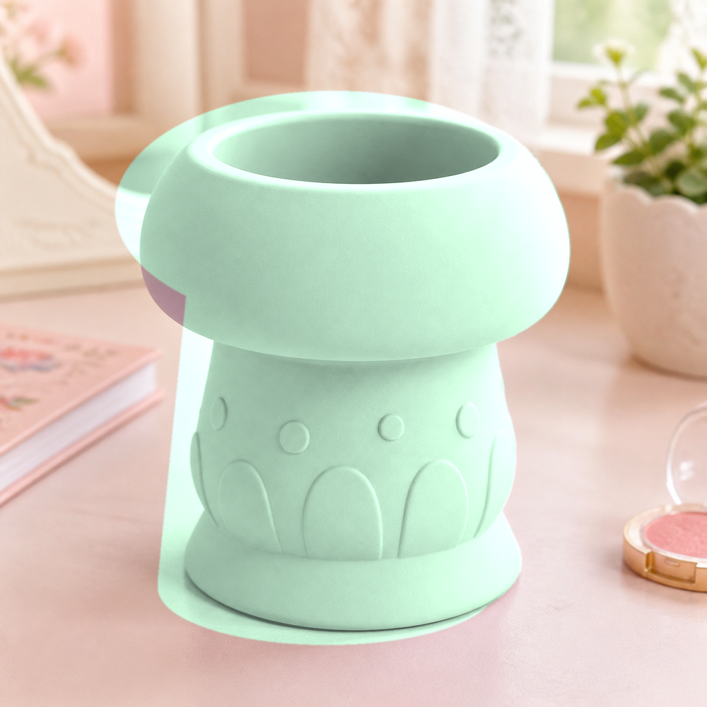 Toadstool Brush Cup, Pastel Pencil Holder, Cottagecore Vanity Desk Decor Gift — Green color variant
